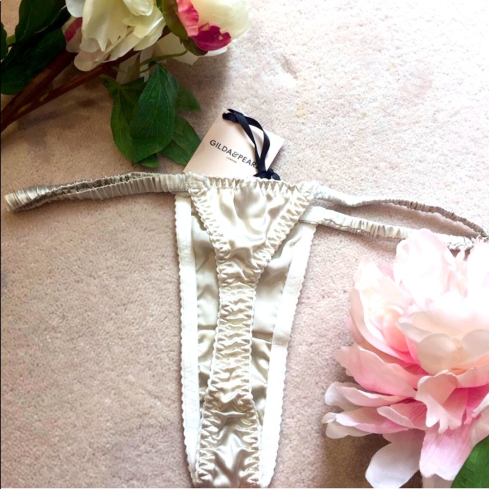 Ivory White Silk and gold lace handmade thong